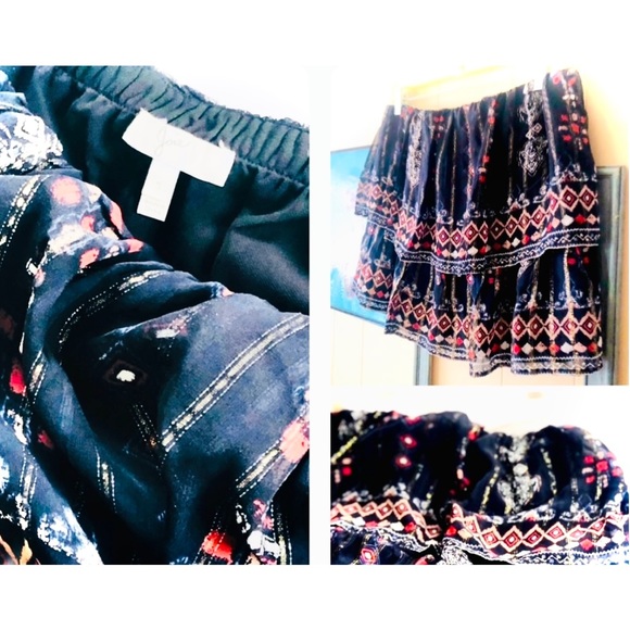 Joie | Skirts | Joie Sm Flounce Navy Tribal Silver Light Silk Ruffle 2 ...